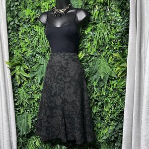 ANN TAYLOR Skirt Women 2 Black Gray A Line Floral Print Wool Blend Midi Hem 3362
